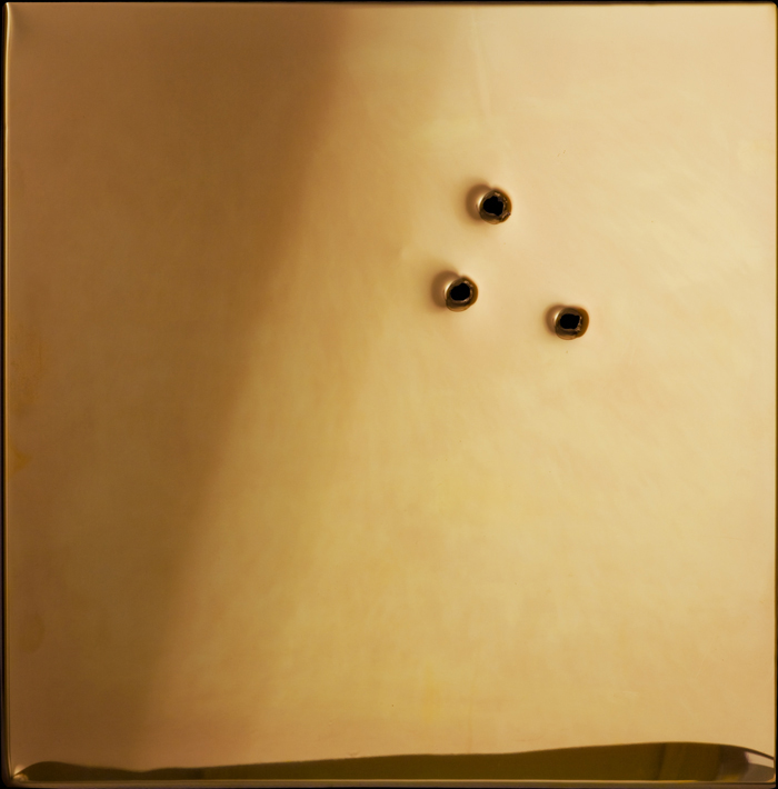 I'll Be Your Mirror (Gold), 2013, gold-plated mirror-polished stainless steel with gunshot,18x18in